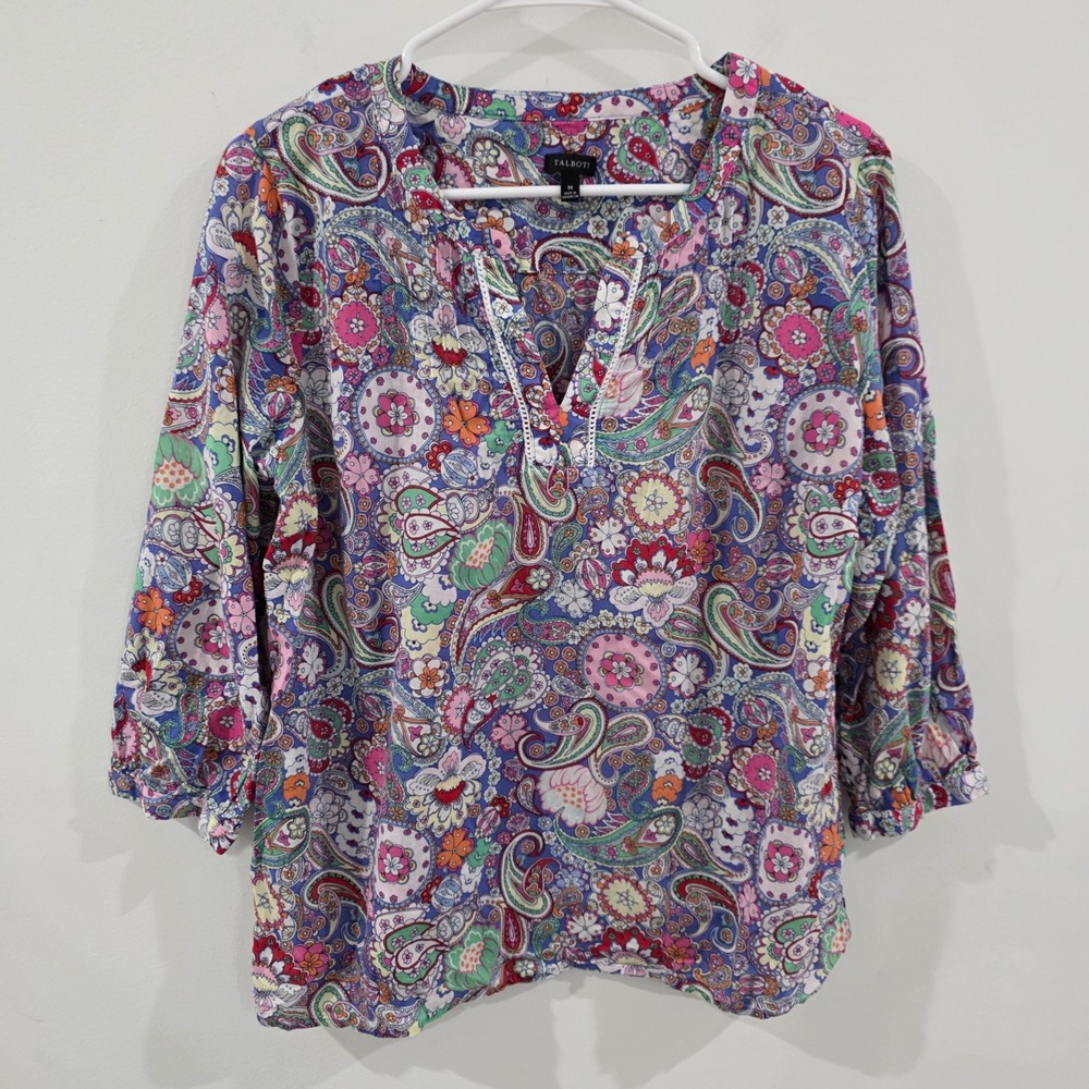 Talbots Womens Multicolor Paisley Top Size Medium Floral 3/4 Sleeve Cotton